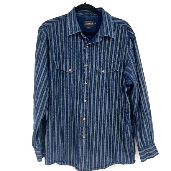 Pendleton x Thomas Kay Vintage Men's L Blue Striped Western Pearl Snap
 Shirt - Picture 1 of 6